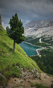 Preview wallpaper mountains, trees, lake, dam, landscape
