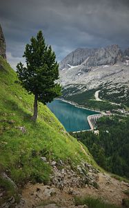 Preview wallpaper mountains, trees, lake, dam, landscape