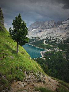 Preview wallpaper mountains, trees, lake, dam, landscape