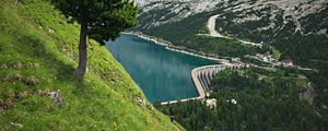 Preview wallpaper mountains, trees, lake, dam, landscape