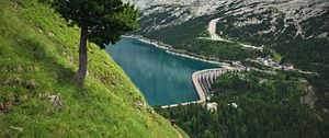 Preview wallpaper mountains, trees, lake, dam, landscape