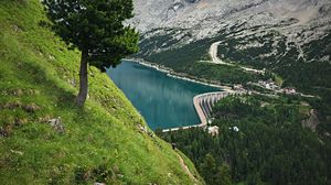 Preview wallpaper mountains, trees, lake, dam, landscape