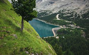 Preview wallpaper mountains, trees, lake, dam, landscape