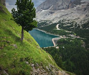 Preview wallpaper mountains, trees, lake, dam, landscape