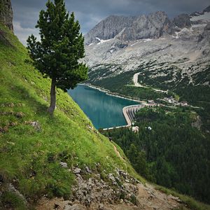 Preview wallpaper mountains, trees, lake, dam, landscape