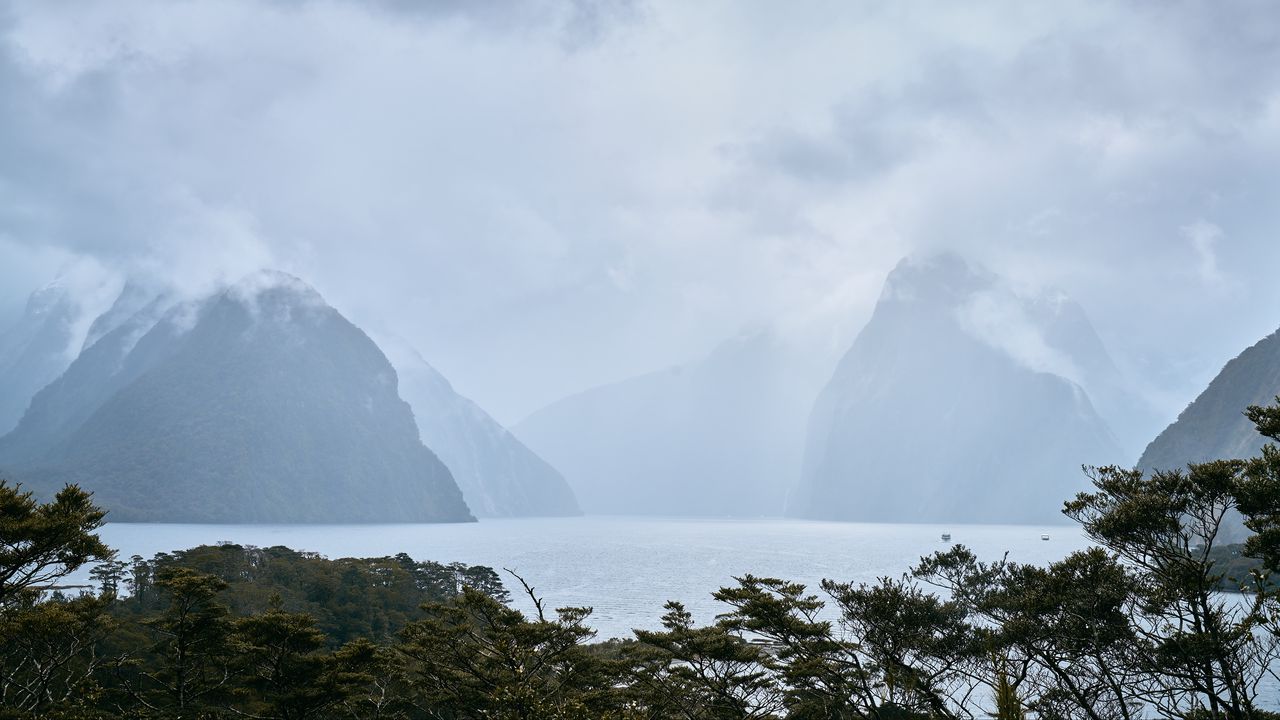 Wallpaper mountains, trees, lake, fog, landscape