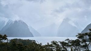 Preview wallpaper mountains, trees, lake, fog, landscape