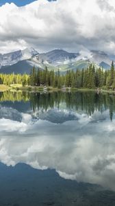 Preview wallpaper mountains, trees, lake, reflection, landscape, nature