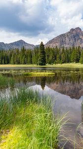 Preview wallpaper mountains, trees, lake, grass, nature, landscape