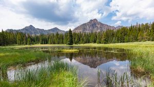 Preview wallpaper mountains, trees, lake, grass, nature, landscape