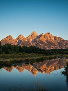 Preview wallpaper mountains, trees, lake, reflection, nature, landscape