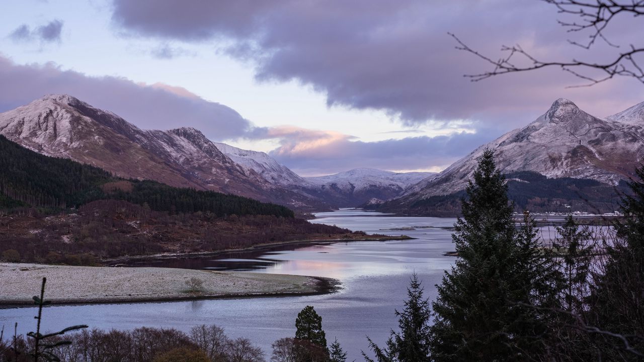 Wallpaper mountains, trees, lake, clouds, landscape