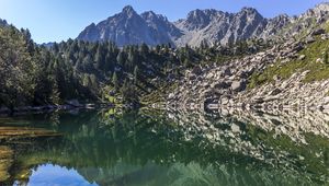 Preview wallpaper mountains, trees, lake, landscape, reflection