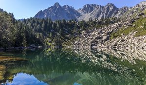 Preview wallpaper mountains, trees, lake, landscape, reflection