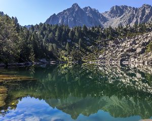 Preview wallpaper mountains, trees, lake, landscape, reflection