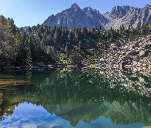 Preview wallpaper mountains, trees, lake, landscape, reflection