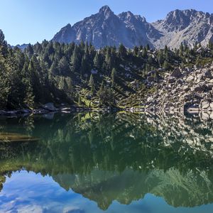 Preview wallpaper mountains, trees, lake, landscape, reflection