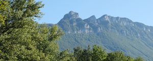 Preview wallpaper mountains, trees, landscape, nature, meadow, grass