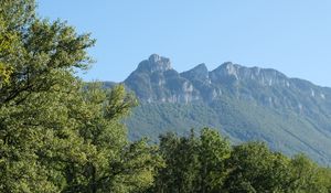 Preview wallpaper mountains, trees, landscape, nature, meadow, grass