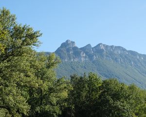 Preview wallpaper mountains, trees, landscape, nature, meadow, grass