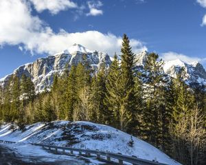 Preview wallpaper mountains, trees, landscape, road, winter