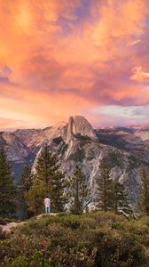 Preview wallpaper mountains, trees, man, nature, loneliness