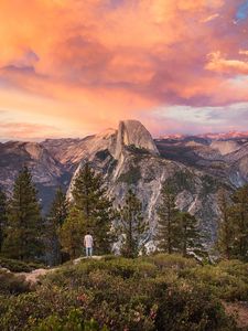 Preview wallpaper mountains, trees, man, nature, loneliness