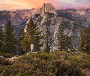 Preview wallpaper mountains, trees, man, nature, loneliness