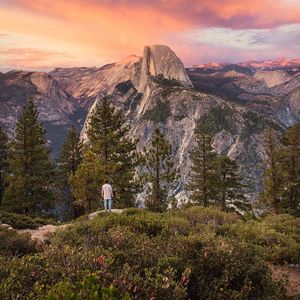 Preview wallpaper mountains, trees, man, nature, loneliness