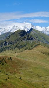 Preview wallpaper mountains, trees, meadow, nature, landscape