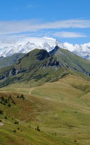 Preview wallpaper mountains, trees, meadow, nature, landscape