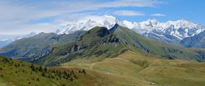 Preview wallpaper mountains, trees, meadow, nature, landscape