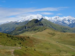 Preview wallpaper mountains, trees, meadow, nature, landscape