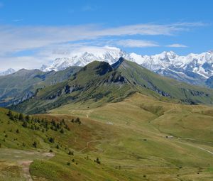 Preview wallpaper mountains, trees, meadow, nature, landscape