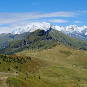 Preview wallpaper mountains, trees, meadow, nature, landscape