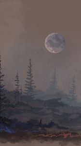 Preview wallpaper mountains, trees, moon, silhouette, staff, art