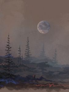 Preview wallpaper mountains, trees, moon, silhouette, staff, art