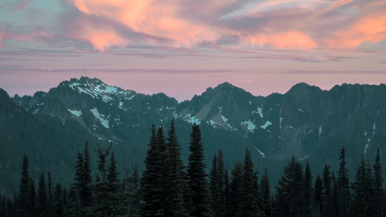 Wallpaper mountains, trees, peaks, clouds, sky hd, picture, image