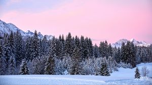 Preview wallpaper mountains, trees, pink, snow