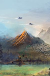 Preview wallpaper mountains, trees, planes, art