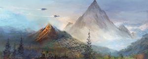 Preview wallpaper mountains, trees, planes, art