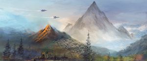 Preview wallpaper mountains, trees, planes, art