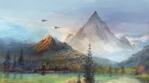 Preview wallpaper mountains, trees, planes, art