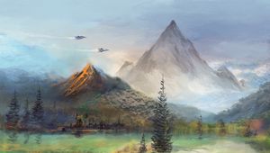 Preview wallpaper mountains, trees, planes, art