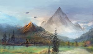 Preview wallpaper mountains, trees, planes, art