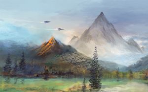 Preview wallpaper mountains, trees, planes, art