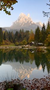 Preview wallpaper mountains, trees, pond, house, landscape