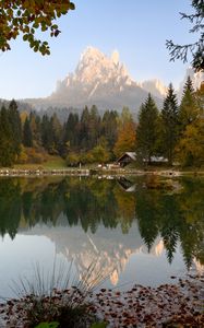 Preview wallpaper mountains, trees, pond, house, landscape