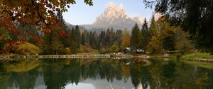 Preview wallpaper mountains, trees, pond, house, landscape