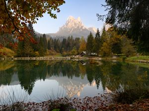 Preview wallpaper mountains, trees, pond, house, landscape